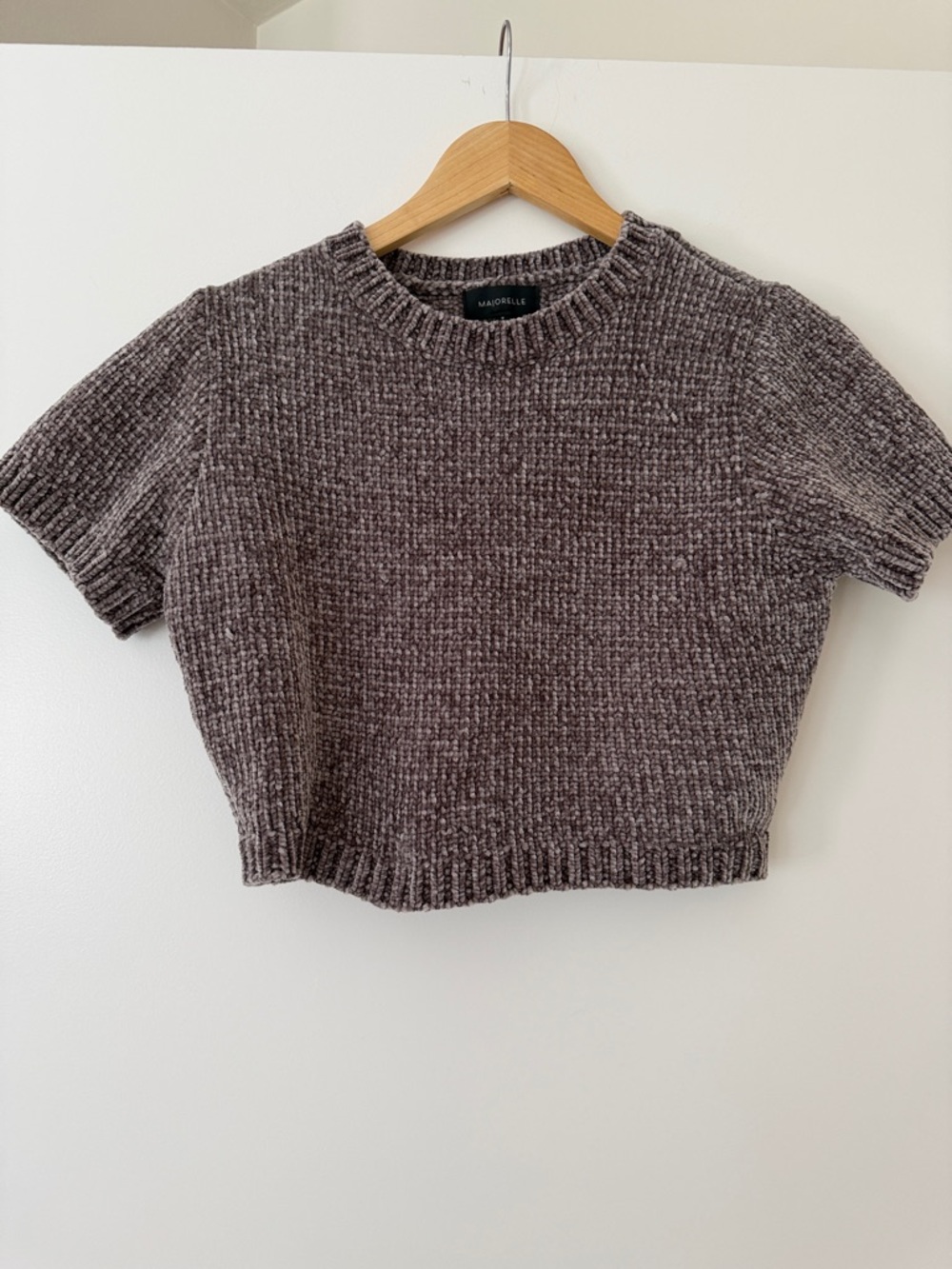MAJORELLE Short-Sleeve Chenille Crop Top Taupe Medium Revolve Knit Neutral